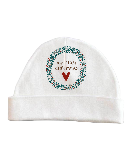 My First Christmas Green Baby Beanie (White)