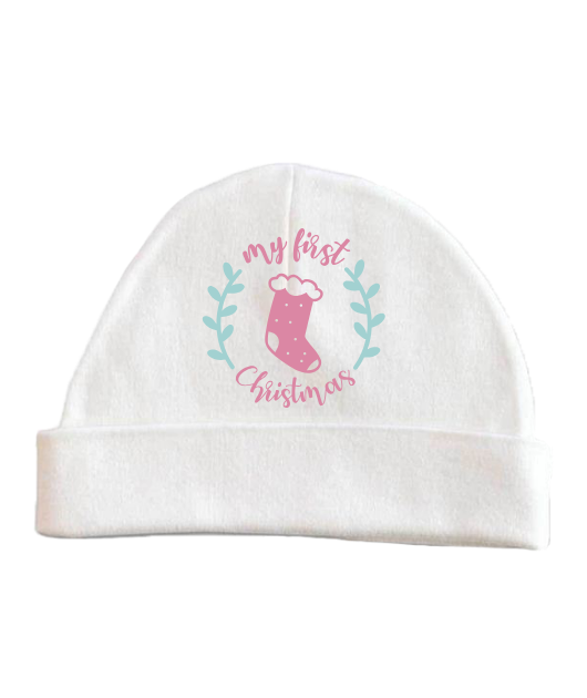 My First Christmas Pink Baby Beanie (White)
